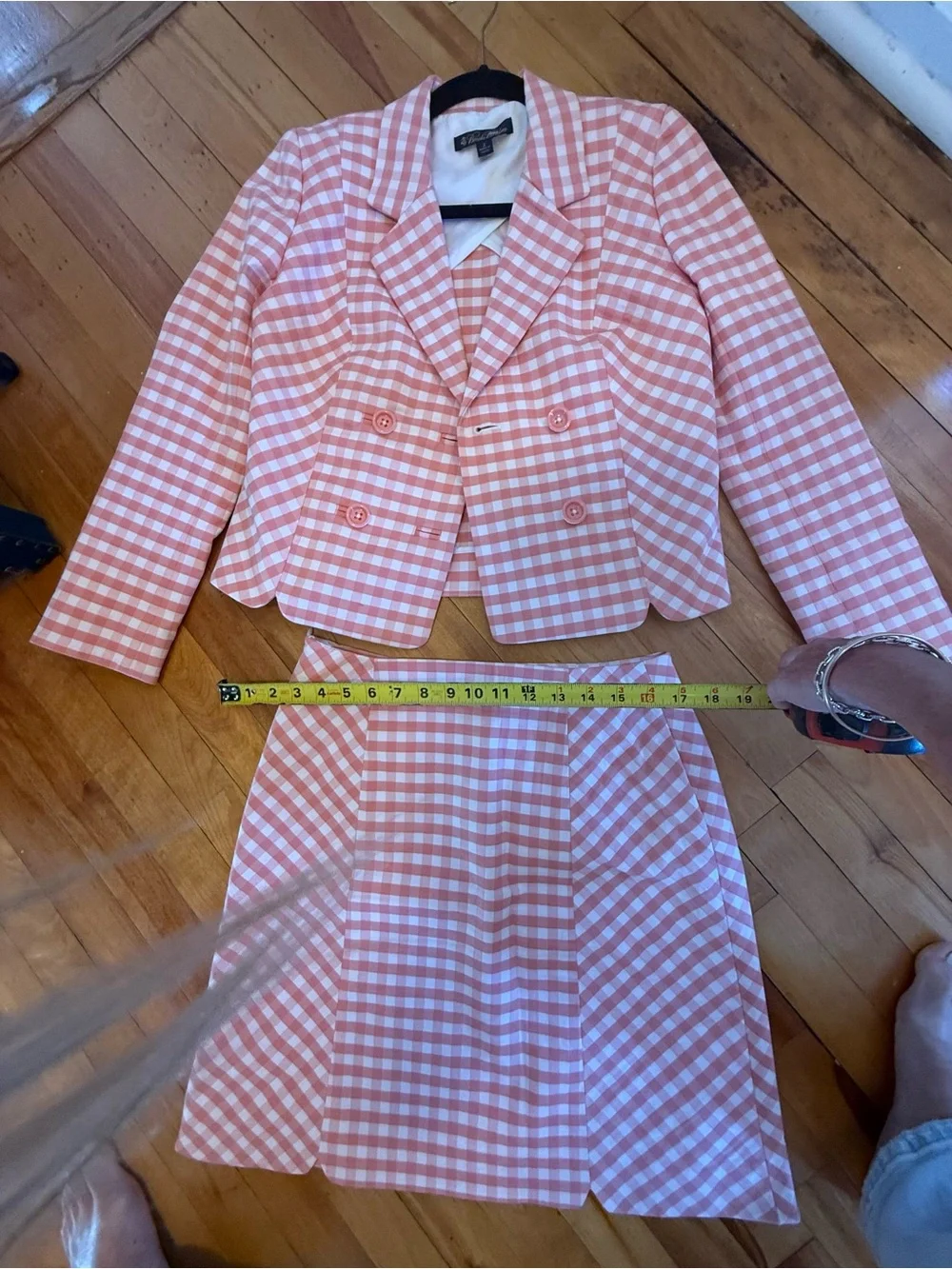 Brooks Brothers Coral Gingham Cropped Blazer & Skirt Suit Set Size 2/4 - Picture 2 of 7